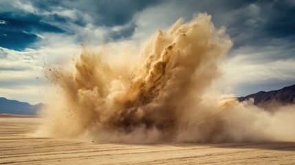 Dramatic Explosion of Dust and Sand in Desert Landscape Under Stormy Sky