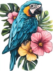 Fototapeta premium A vibrant blue and yellow macaw sits amidst lush tropical foliage and vibrant pink and yellow flowers.