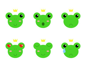 Collection of vector emotions of green frogs kings 