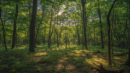 Naklejka premium The sunlight dappled through the forest trees, illuminating a scene of natural beauty. Around me, I saw the familiar shapes of trees, branches, grass, and wood.