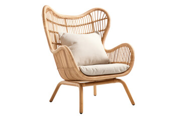 A rustic rattan armchair with a natural woven design and a relaxed boho vibe, isolated on a white background