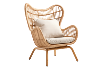 A rustic rattan armchair with a natural woven design and a relaxed boho vibe, isolated on a white background