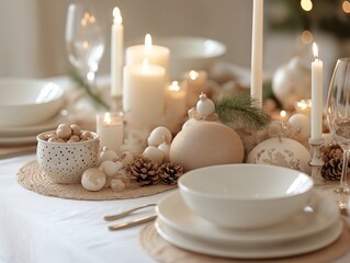 Table set for a Christmas dinner with elegant decorations and candles