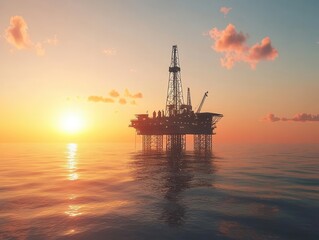 Obraz premium Oil drilling, offshore platform at sunset, detailed rig