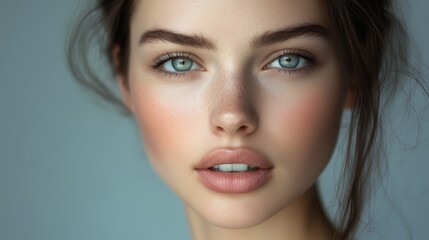 Fototapeta premium A close-up of a young woman with striking blue eyes and natural makeup, showcasing a serene expression against a soft background