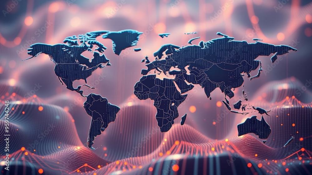 Poster a world map rendered in 3d with a digital, futuristic style.