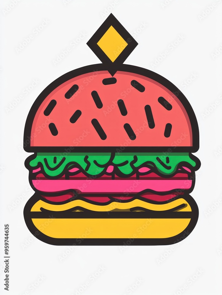 Sticker A cartoon illustration of a hamburger with a red bun, lettuce, tomato, cheese, and a yellow pickle on top.