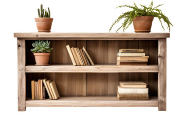 A rustic farmhouse bookshelf made from reclaimed wood and natural materials, isolated on white background