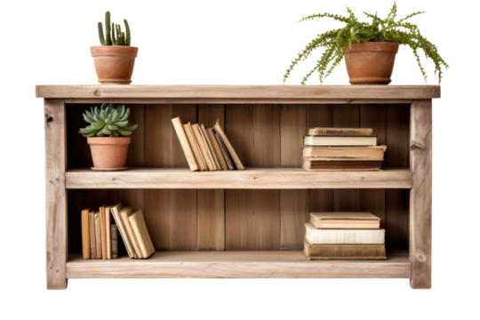 A rustic farmhouse bookshelf made from reclaimed wood and natural materials, isolated on white background