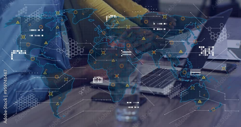 Poster world map with data points and network connections animation over business meeting