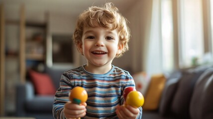 Happy little boy playing with toy maracas at home