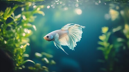 Tranquil Siamese Betta Fish in Deep Blue Waters with Underwater Plants and Soft Sunlight