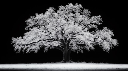 Majestic frozen tree covered in white frost in a black and white contrast