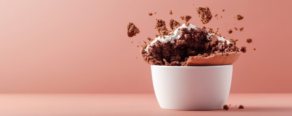 A 3D illustration of an indulgent chocolate soufflé dessert, broken open to reveal its rich