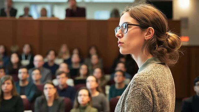 A woman stands in front of a crowd of people, giving a speech. The audience is attentive and engaged, listening to her words. The woman appears confident and poised as she speaks