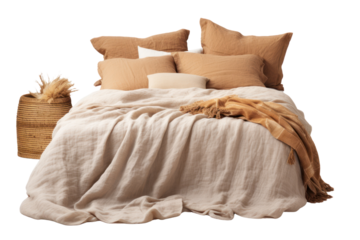A rustic and charming bedding set made from natural materials like linen or cotton, with a warm, inviting aesthetic, Isolated on white background