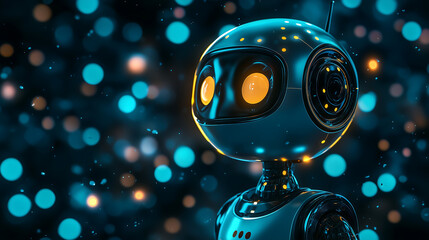 cute robot with glowing eyes and a black body stands on a dark blue background, surrounded by small lights