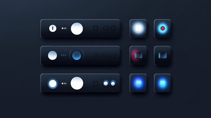 This illustration shows a set of buttons for switching between light and dark modes. There are toggle switches for turning features on and off, and separate buttons for selecting day or night mode.