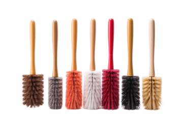 A row of different types of cleaning brushes, including a bottle brush, a grout brush, and a toilet bowl brush, isolated on a white background