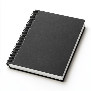 Fotografia de estilo mockup con detalle de libreta con tapas de color negro, sobre fondo de color blanco