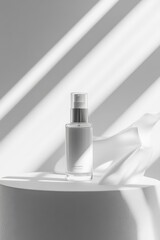 Elegant Minimalist Cosmetic Bottle on White Pedestal with Abstract Light and Shadow Play