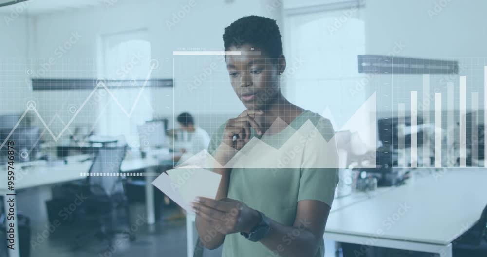 Canvas Prints Reading documents, woman in office with data charts animation over workspace