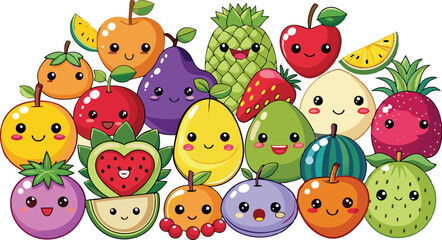 Naklejka premium Cute Cartoon Fruits set - Apple, Banana, Orange, Strawberry, Blueberry, Grape, Watermelon, Pineapple, Mango, Peach, Pear, Cherry, Raspberry, Blackberry, Kiwi, Lemon, Lime, Pomegranate, Plum, Avocado, 