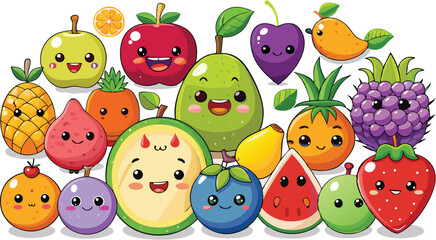 Fototapeta premium Cute Cartoon Fruits set - Apple, Banana, Orange, Strawberry, Blueberry, Grape, Watermelon, Pineapple, Mango, Peach, Pear, Cherry, Raspberry, Blackberry, Kiwi, Lemon, Lime, Pomegranate, Plum, Avocado, 