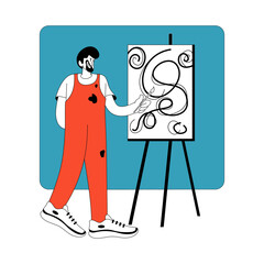 An artist is carefully creating artwork on a canvas (flat design style) V.2