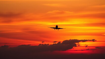 Airplane Silhouette Against Dramatic Sunset Sky