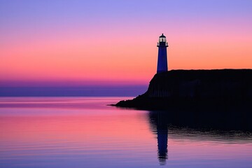 A serene lighthouse stands silhouetted against a vibrant sunset, casting reflections on calm waters.