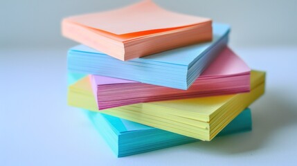 Stack of colorful sticky notes on a pure white background.