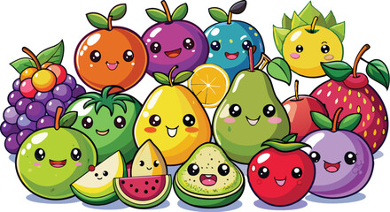Naklejka premium Cute Cartoon Fruits set - Apple, Banana, Orange, Strawberry, Blueberry, Grape, Watermelon, Pineapple, Mango, Peach, Pear, Cherry, Raspberry, Blackberry, Kiwi, Lemon, Lime, Pomegranate, Plum, Avocado, 