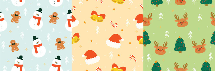 Merry christmas seamless pattern vector. Set of square cover design with pine tree, snowman, reindeer, gingerbread. Winter season illustration for fabric, wallpaper, packaging, wrapping paper, ads.