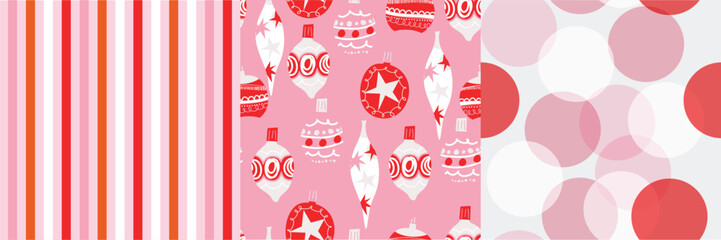 Merry christmas seamless pattern vector. Set of square cover design with bauble, ball, circle pattern. Winter season illustration for fabric, wallpaper, packaging, wrapping paper, ads.