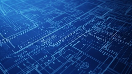 An intricate architectural blueprint displaying detailed building plans. The blueprint is covered with precise lines and measurements, showcasing the meticulous work involved in designing a structure.