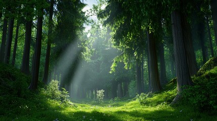 Naklejka premium Sunlight streaming through dense forest trees illuminating a serene green landscape. Nature's tranquility and beauty in a peaceful woodland setting