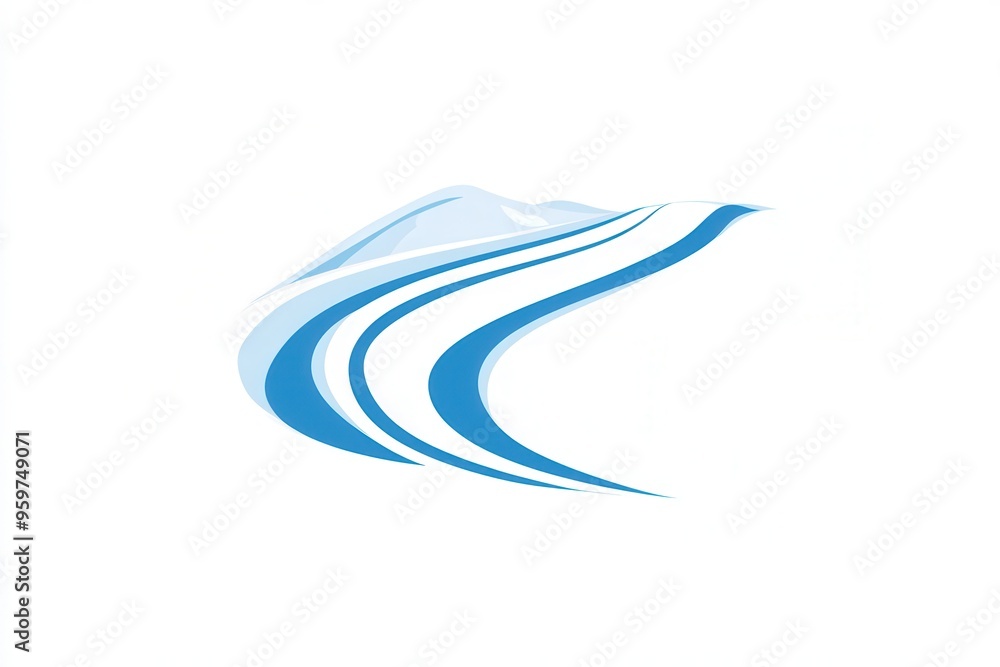 Poster The design features smooth, flowing lines symbolizing a ski trail winding through pristine snow in a tranquil mountain setting. Generative AI