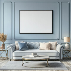 Comfortable living room. Sofa with cushions in front of pastel colored wall, White, blue and gold color scheme