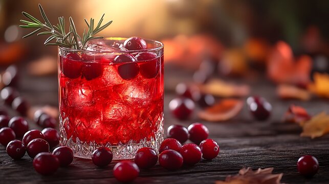 A beautiful spiced cranberry cocktail with fresh cranberries and a rosemary sprig, set on a rustic wooden table with scattered autumn leaves, warm sunlight streaming in, cozy autumn vibe, hd quality,