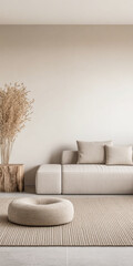 Scandinavian room interior design composition with a sofa, rug and a couch in soft tones