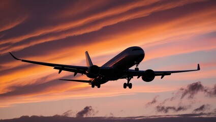 Airplane Silhouette Landing Against Dramatic Sunset Sky