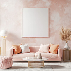 Comfortable living room. Sofa with cushions in front of pastel colored wall, White, ecru, beige, oink and orange color scheme