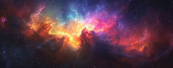 A stunning cosmic landscape featuring vibrant colors and swirling nebulae, capturing the beauty of the universe in spectacular detail.