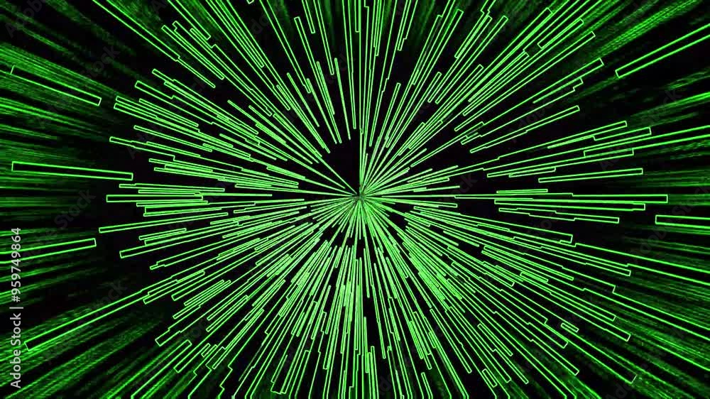 Aufkleber neon and green colored lines and shapes in fast animation on a black background with distortion effe