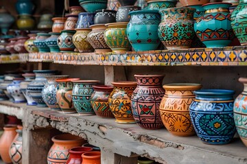 Vibrant Display of Handcrafted Pottery in a Colorful Market