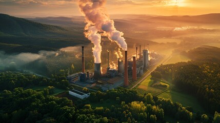 Biomass power plant in the forest at sunset