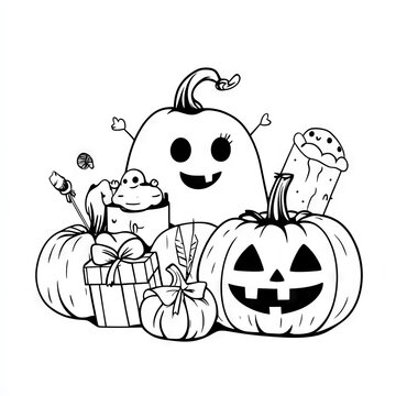 recommend clip art: Cute Halloween Pumpkins and Gift Box Line Art Illustration