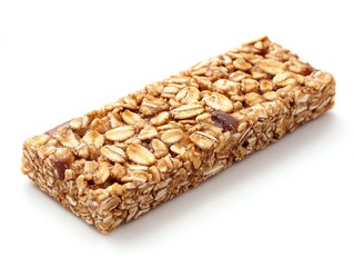a bar of oat granola, nutritious snack, chewy and packed with grains, isolated on white background