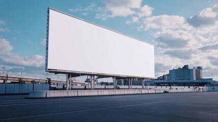 A large, blank billboard is positioned in bustling urban environment beneath sky filled with clouds
